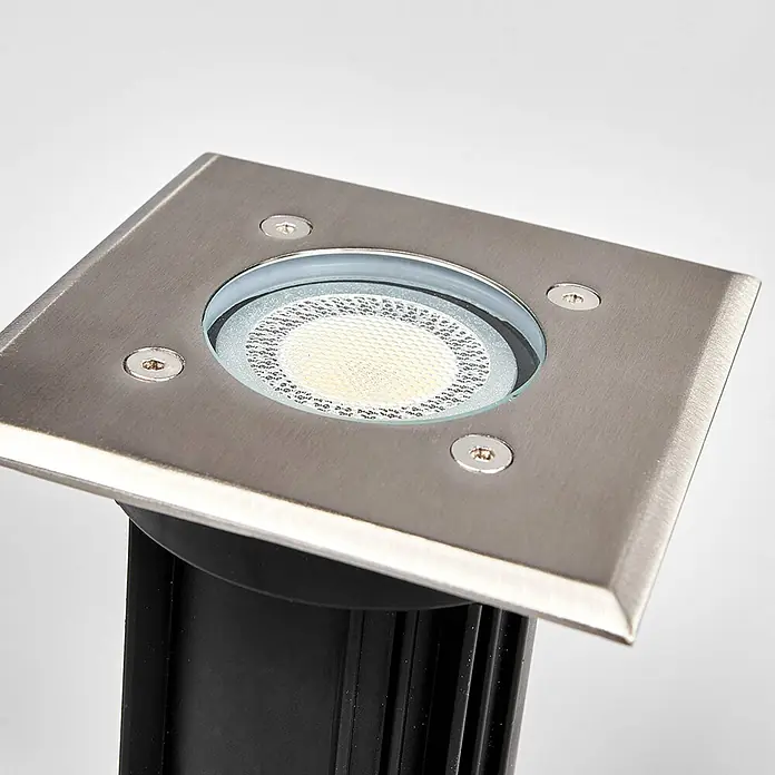 Lindby LED-Gartenstrahler Insa -  - Quadratische gebürstete Edelstahl-LED-Außenleuchte zum Einbau mit schwarzem Gehäuse.