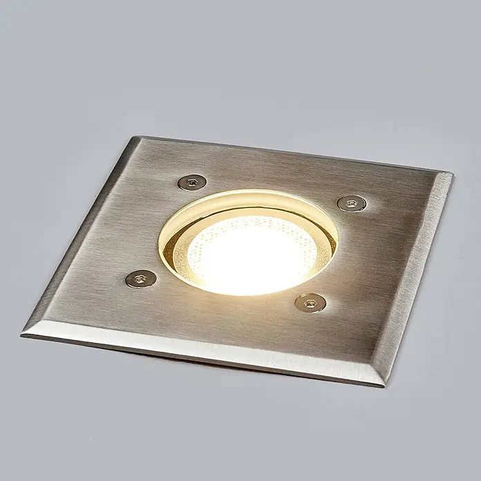 Lindby LED-Gartenstrahler Insa -  - Quadratischer Einbaustrahler aus gebürstetem Metall mit hellem, warmem Licht und sichtbaren Sechskantschrauben.