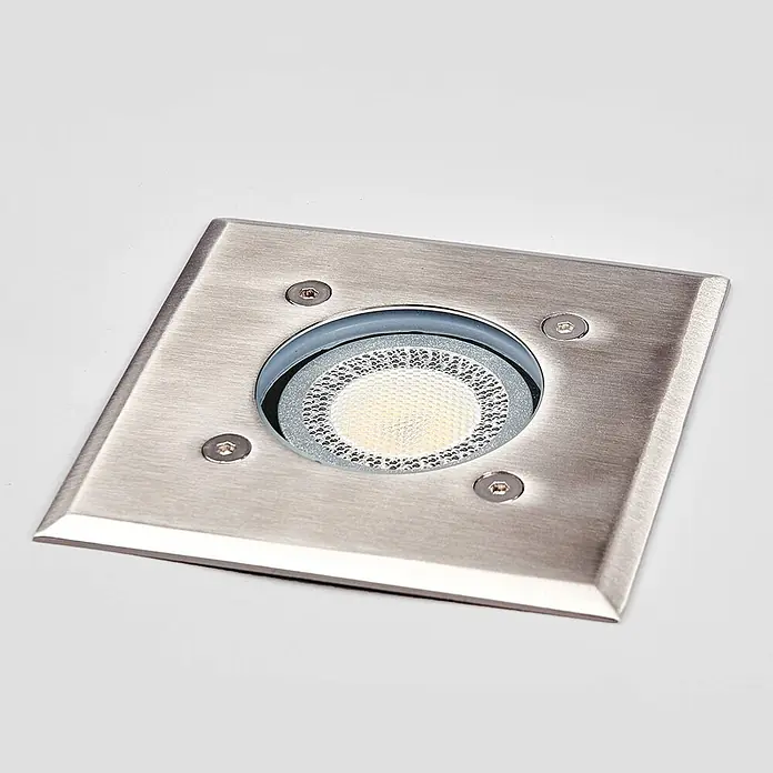 Lindby LED-Gartenstrahler Insa -  - Quadratische Einbau-Bodenleuchte aus gebürstetem Edelstahl mit rundem LED-Einsatz.