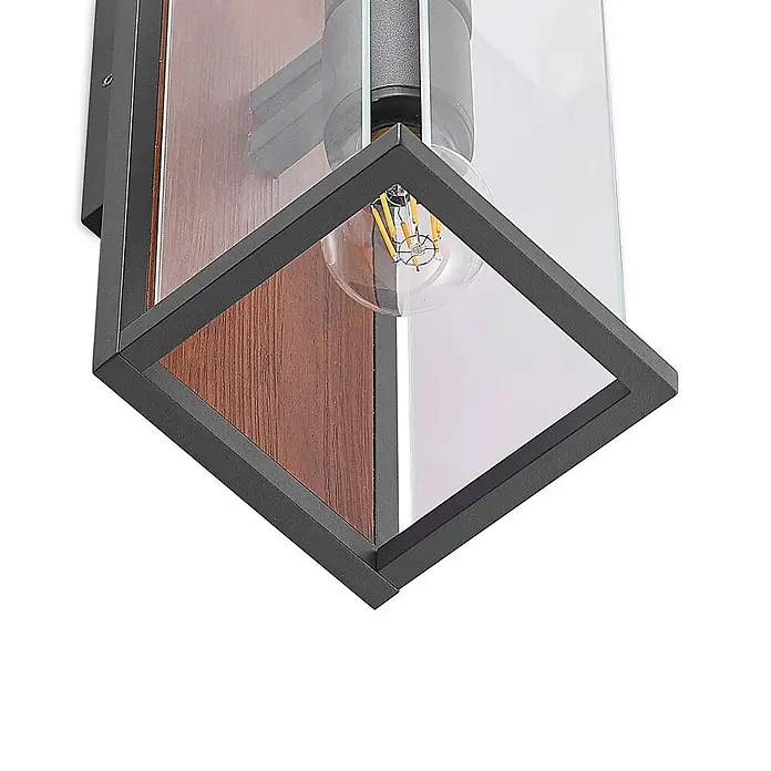 Lucande Außenwandleuchte Elwin - schwarz, schwarz, IP54 - Moderne Wandleuchte mit dunkelgrauem Metall, hellbraunem Holz, Klarglas und einer LED-Glühlampe.