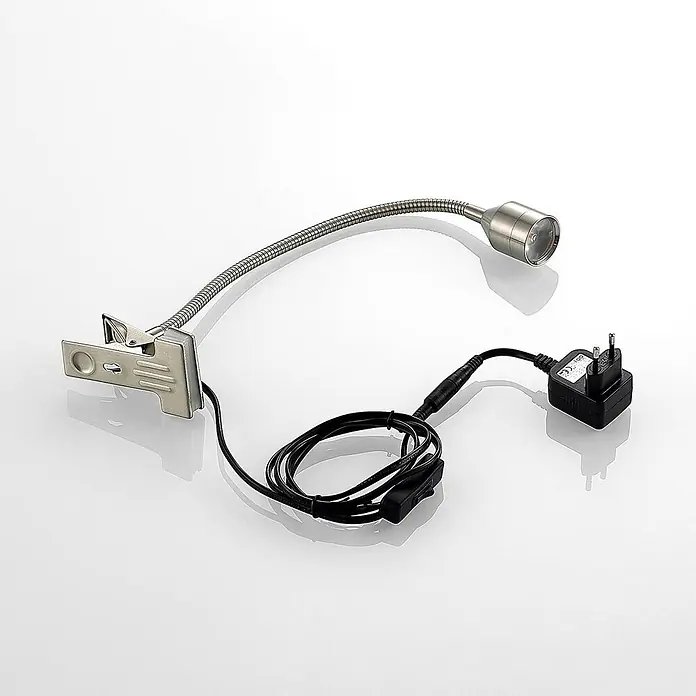 Lindby Klemmleuchte Djamila - L x B x H: 23 x 4 x 39 cm, Farbe Gehäuse: alu / grau / zink - Silberne Klemm-LED-Lampe mit flexiblem Schwanenhals, Schalter und Netzteil.