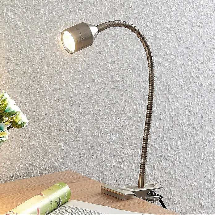 Lindby Klemmleuchte Djamila - L x B x H: 23 x 4 x 39 cm, Farbe Gehäuse: alu / grau / zink - Gebürstete Metall-Klemmleuchte mit flexiblem Schwanenhals, beleuchtet ein Buch.