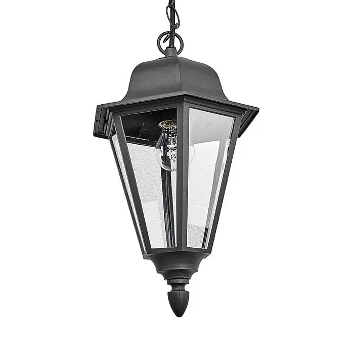 Lindby Außenwand- & Deckenleuchte Edana - schwarz, schwarz, IP44 - Schwarze Outdoor-Hängeleuchte im Laternenstil mit Klarglas, Hängekette und spitzem Abschluss. Sichtbare Glühbirne.