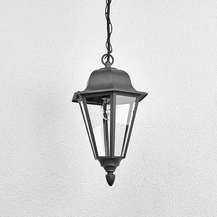 Lindby Außenwand- & Deckenleuchte Edana - schwarz, schwarz, IP44 - Schwarze Metall-Hängelaterne für den Außenbereich mit Kette und Klarglas.