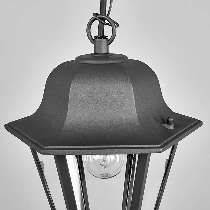 Lindby Außenwand- & Deckenleuchte Edana - schwarz, schwarz, IP44 - Dunkle Metall-Hängelaterne für den Außenbereich mit Klarglas und sichtbarer Glühbirne.