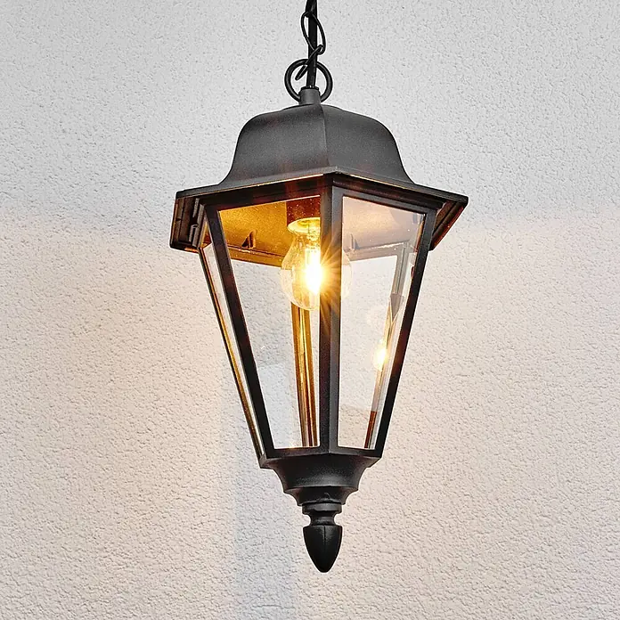 Lindby Außenwand- & Deckenleuchte Edana - schwarz, schwarz, IP44 - Schwarze Außen-Pendelleuchte aus Metall mit Klarglas und beleuchteter Glühbirne.