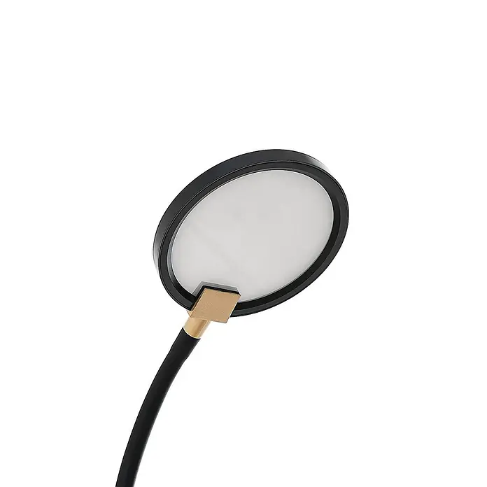 Lindby Tischleuchte Binera - schwarz, schwarz - Runde schwarze Leuchte mit weißem Diffusor und goldenem Akzent, an flexiblem schwarzem Arm.