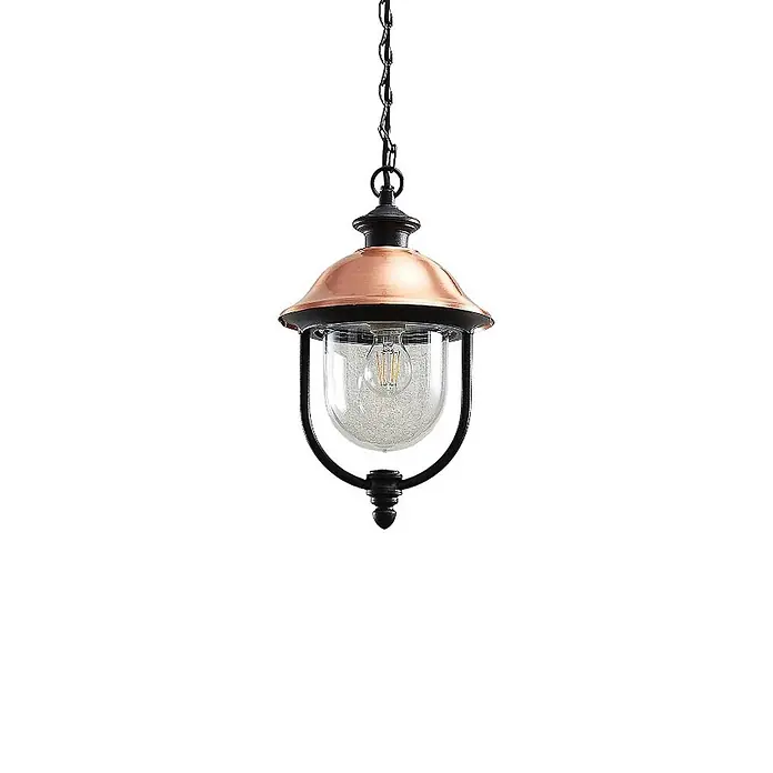 Lindby Außenwand- & Deckenleuchte Clint - kupfer, IP44 - Hängeleuchte aus Kupfer und Schwarz mit klarem, blasigem Glas und LED-Birne, an einer Kette hängend.