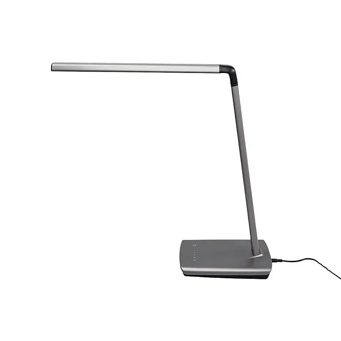 Lindby Tischleuchte Kuno - L x B x H: 37,6 x 15,8 x 46 cm, alu / grau / zink, alu / grau / zink - Elegante silberne LED-Schreibtischlampe mit rechteckigem Lichtbalken, verstellbarem Arm und Bedienfeld auf der flachen Basis.