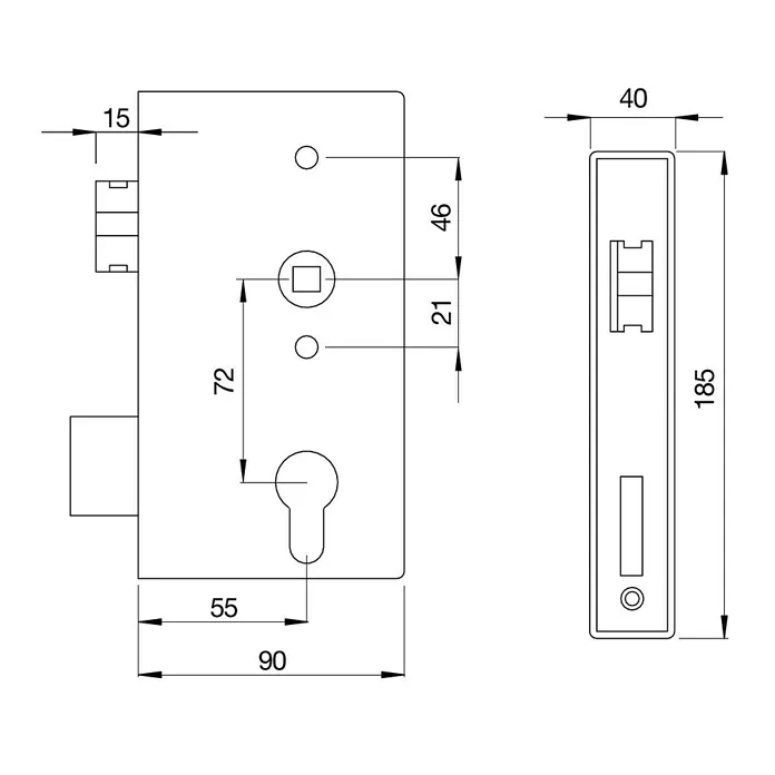 Tor-Einsteckschloss - Breite: 40 mm, Distanznorm: 72 mm, Profilzylinder PZ - Technische Zeichnung eines Türschlosses mit Maßangaben, die die Abmessungen und Details des Schlosses hervorheben.