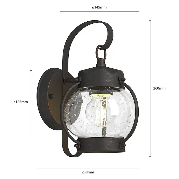 Lindby Außenwandleuchte Gerlo - braun / rost, IP23 - Wandmontierte Außenlaterne mit dunklem Bronze-Finish und Strukturglas-Kugel im Vintage-Design.