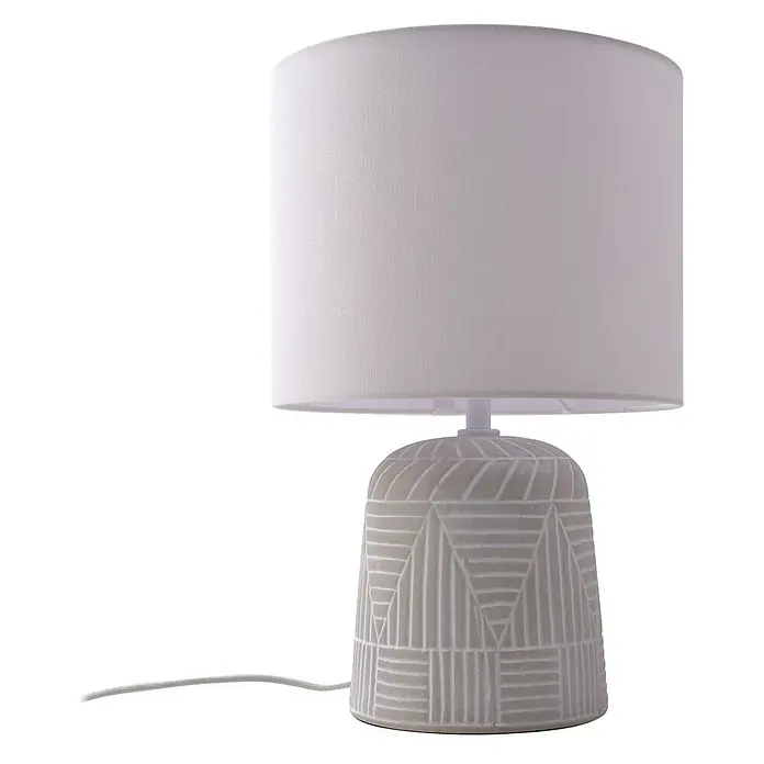 Lindby Tischleuchte Thalassia - L x B x H: 26 x 26 x 40 cm, weiß / opal, weiß / opal, E27 - Weiße Stoffschirm-Tischlampe mit hellgrauem, strukturiertem Keramikfuß mit geometrischen Mustern.