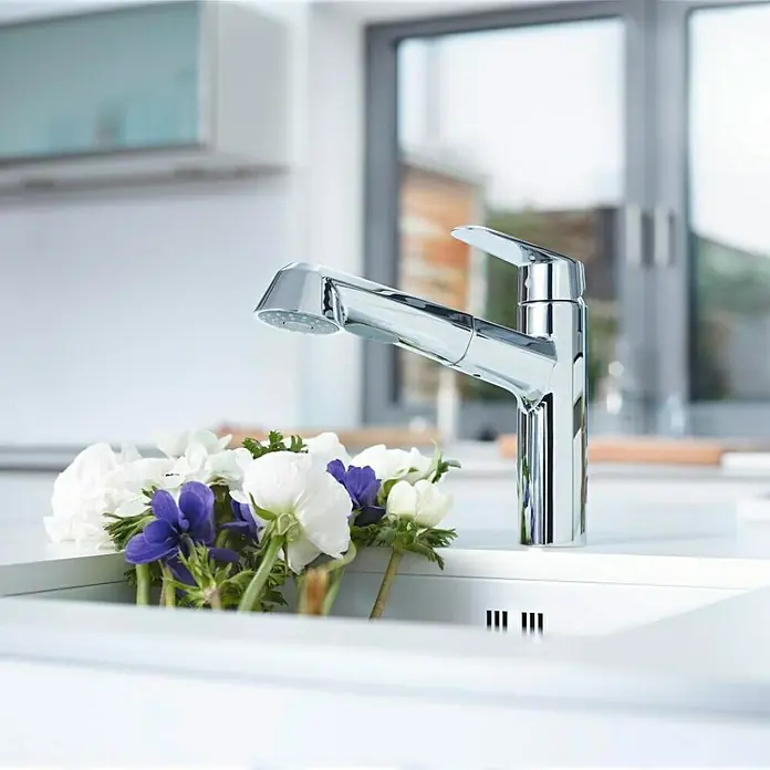Grohe Eurodisc Cosmopolitan Spültischarmatur - Chrom, Glänzend, Anzahl Strahlarten: 2 Stk. - Elegante Chromarmatur vor einem Fenster, verziert mit Blumen. Die Armatur zeichnet sich durch modernes Design und hochwertige Verarbeitung aus.