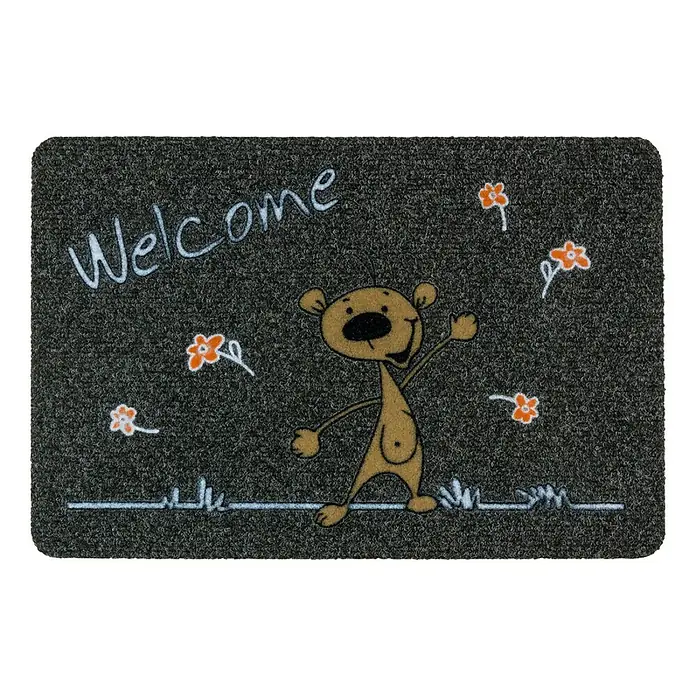 Astra Fußmatte Flocky Color - 40 x 60 cm, Grau/Bedruckt, Material Nutzschicht: 100 % Polypropylen, Welcome Bär - Fußmatte mit "Welcome"-Schriftzug, Bär und Blumenmotiv, ideal für den Eingangsbereich.