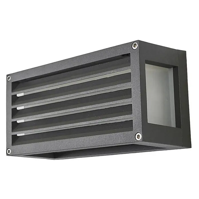 Lucande Außenwandleuchte Aurelien - schwarz, IP54 - Dunkelgraue, rechteckige Außenwandleuchte aus Metall mit Lamellenfront und seitlicher Glasscheibe.