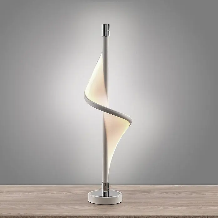 Lucande Tischleuchte Edano - L x B x H: 16 x 16 x 60 cm, weiß / opal - Moderne, weiße spiralförmige LED-Tischlampe mit Chromfuß, beleuchtet, auf Holz.
