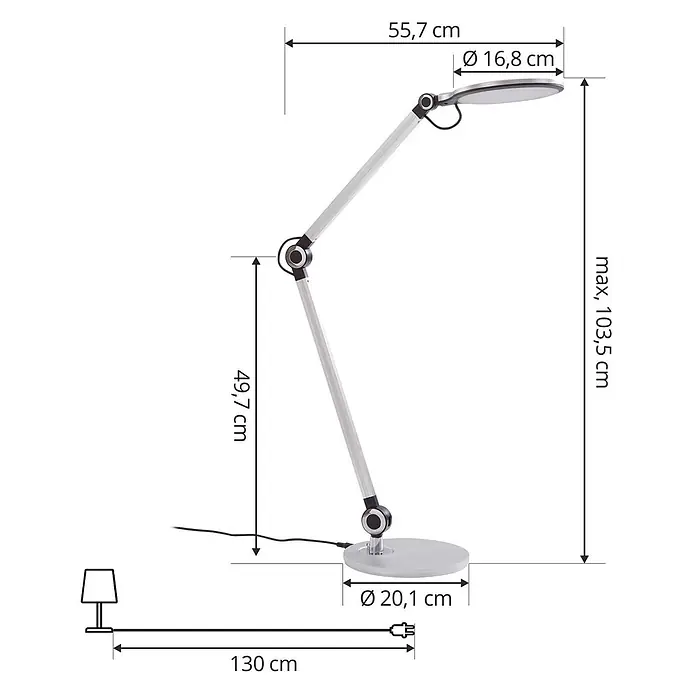 Lindby Tischleuchte Nyxaris - L x B x H: 55,7 x 20,1 x 49,7 cm, alu / grau / zink, alu / grau / zink - Verstellbare silberfarbene LED-Schreibtischlampe mit rundem Fuß und Kopf.