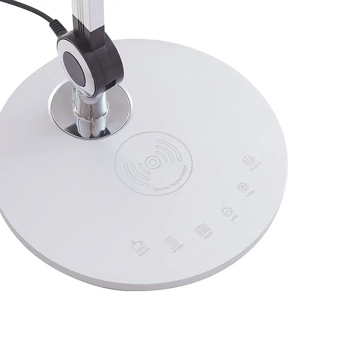 Lindby Tischleuchte Nyxaris - L x B x H: 55,7 x 20,1 x 49,7 cm, alu / grau / zink, alu / grau / zink - Silberne Metall-Lampenbasis mit kabelloser Ladefläche und Touch-Steuerung für Helligkeit und Modi (Entspannung, Arbeit, Lesen).