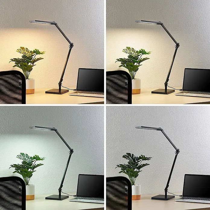 Lindby Tischleuchte Antisa - L x B x H: 65 x 14 x 47 cm, schwarz, schwarz - Verstellbare schwarze LED-Schreibtischlampe beleuchtet einen Schreibtisch mit verschiedenen Lichttemperaturen.