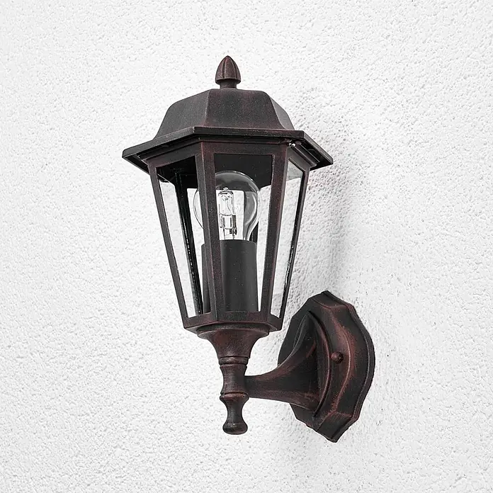 Lindby Außenwandleuchte Lamina - braun / rost, braun / rost, IP44 - Wandmontierte Außenlaterne in Antik-Bronze-Finish mit Glasscheiben und freiliegender Glühbirne.