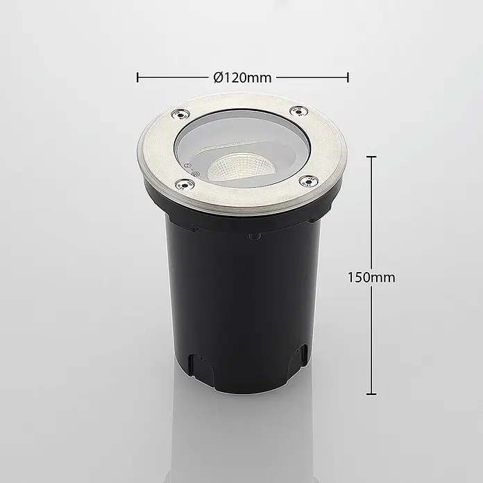 Lucande LED-Gartenstrahler Doris - 3.000 K, 12 x 12 x 15 cm - Schwarze zylindrische Bodeneinbauleuchte mit silbernem Rand und klarer Abdeckung, Ø120mm Durchmesser, 150mm Höhe.