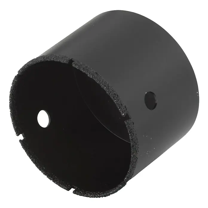 Wolfcraft Diamant-Lochsäge Ceramic Winkelschleifer - Durchmesser Bohrloch: 68 mm, Schnitttiefe: 45 mm, M14 Gewinde - Nahaufnahme einer schwarzen Lochsäge mit Diamantspitze, ideal für saubere und präzise Schnitte in harte Materialien.