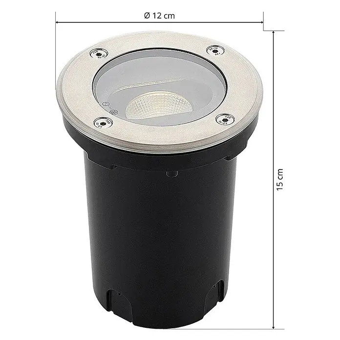 Lucande LED-Gartenstrahler Doris - 3.000 K, 12 x 12 x 15 cm - Einbau-LED-Bodenleuchte mit gebürstetem Edelstahlrand, sichtbaren Schrauben und schwarzem Zylindergehäuse. 12 cm Durchmesser, 15 cm Höhe.