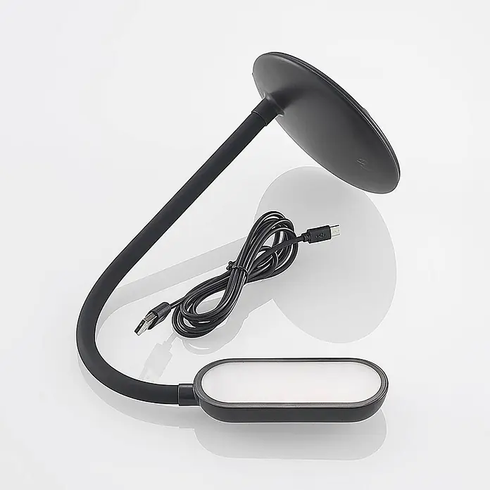 Prios Tischleuchte Opira - schwarz, schwarz - Schwarze, biegsame LED-Schreibtischlampe mit rundem Fuß, ovalem Lichtfeld und USB-Kabel.