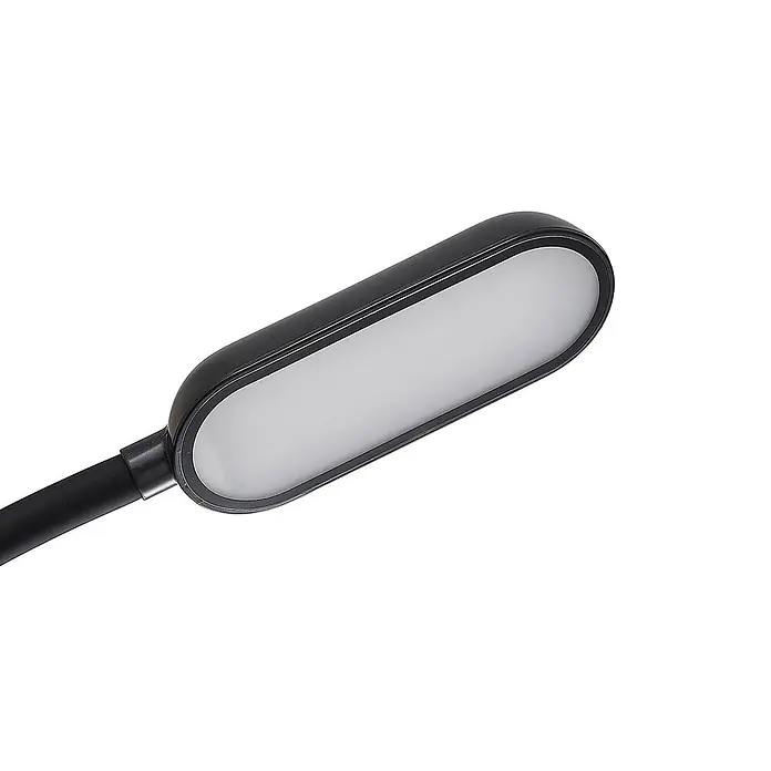 Prios Tischleuchte Opira - schwarz, schwarz - Schwarzer ovaler LED-Lampenkopf mit weißem Diffusor, an einem flexiblen Arm befestigt.