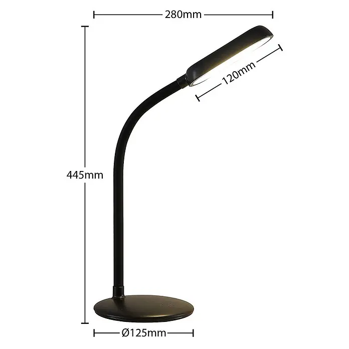 Prios Tischleuchte Opira - schwarz, schwarz - Schwarze flexible LED-Schreibtischlampe, 445 mm hoch, mit rundem Fuß und verstellbarem Leuchtkopf.