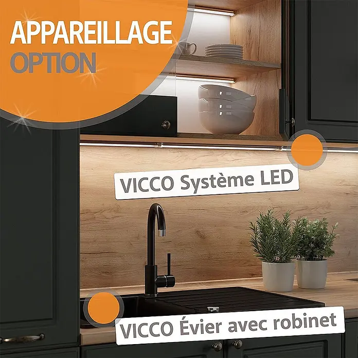 Vicco Küchenzeile R-Line Artisan Eiche/Anthrazit, AP Anthrazit - Breite: 300 cm, Artisan-Eiche, Ohne Elektrogeräte - VICCO LED-System beleuchtet Küchenschränke und Arbeitsplatte. Schwarzes Spülbecken mit integriertem Wasserhahn.