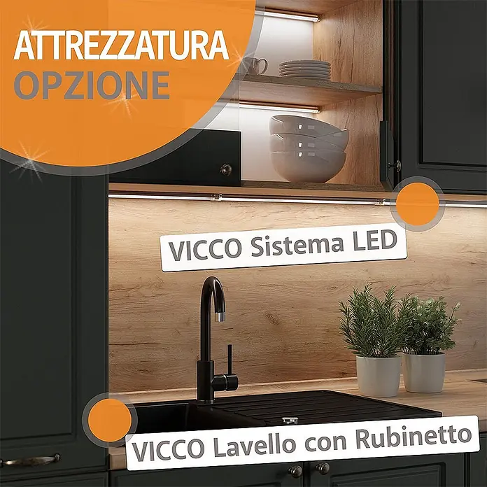 Vicco Küchenzeile R-Line Artisan Eiche/Anthrazit, AP Anthrazit - Breite: 300 cm, Artisan-Eiche, Ohne Elektrogeräte - Küche mit heller LED-Unterbauleuchte und schwarzer Spüle mit Armatur.
