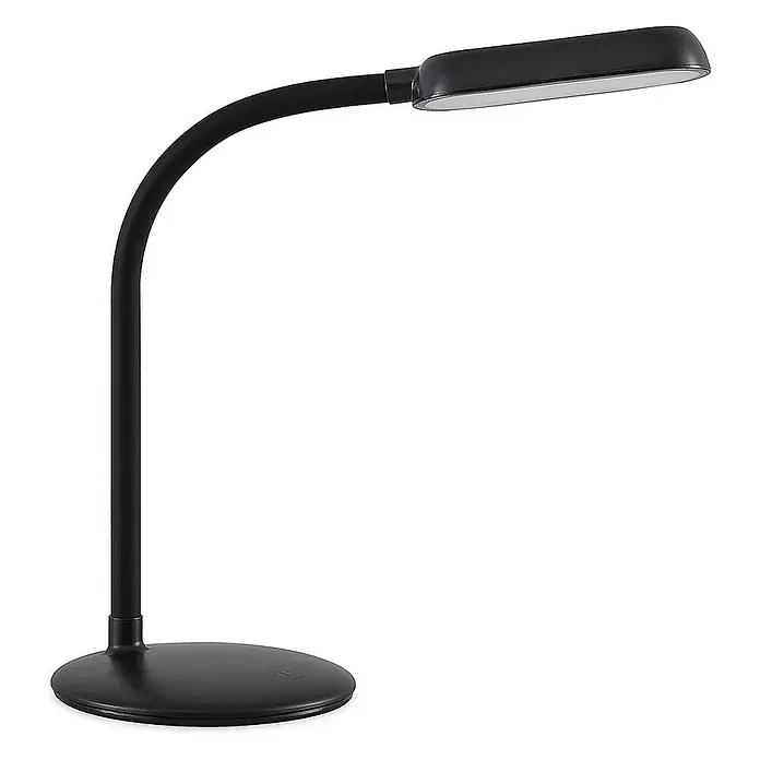 Prios Tischleuchte Opira - schwarz, schwarz - Schwarze LED-Schreibtischlampe mit flexiblem Schwanenhals, rechteckigem Kopf und rundem Fuß.