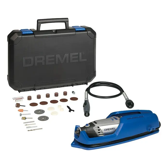 Dremel Multifunktionswerkzeug 3000-1/25 - 130 W - Ein Dremel 3000 Multifunktionswerkzeug-Set mit Zubehör, einem biegsamen Schaft und einem Werkzeugständer in einer schwarzen Tragetasche.