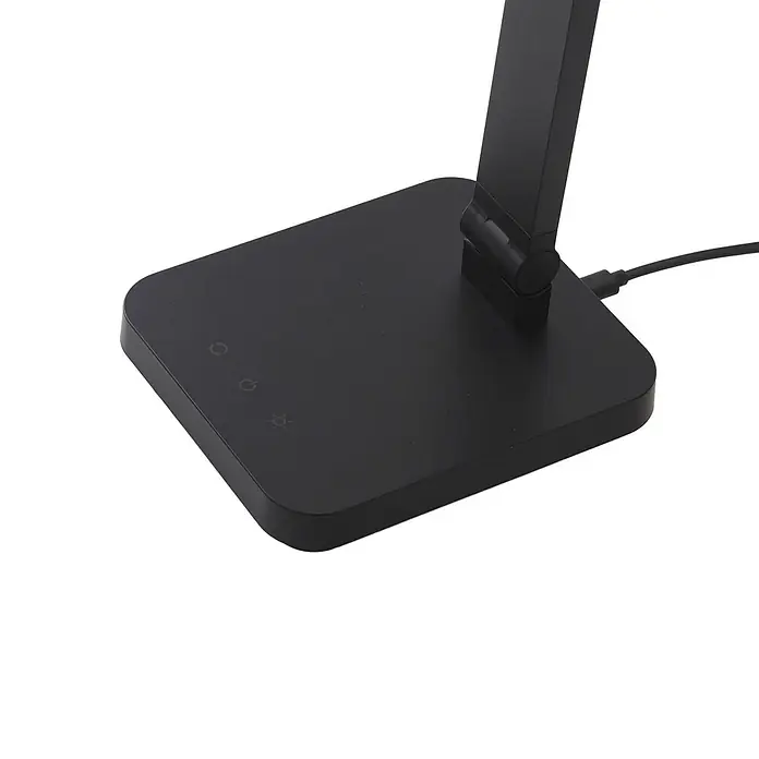 Lindby Tischleuchte Rylas - schwarz, schwarz - Schwarzer Schreibtischlampenfuß mit Touch-Bedienelementen und Gelenkarmanschluss. Ein Netzkabel ist angeschlossen.