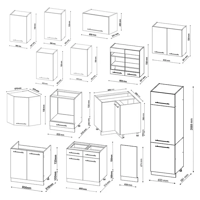 Vicco Eckküche Fame-Line Anthrazit Hochglanz ohne Arbeitsplatte - B x T: 287 x 46 cm, Anthrazit Hochglanz, Ohne Elektrogeräte - Verschiedene Küchenschrankmodule, darunter Wand-, Unter-, Eck- und Hochschränke, mit Maßen dargestellt.