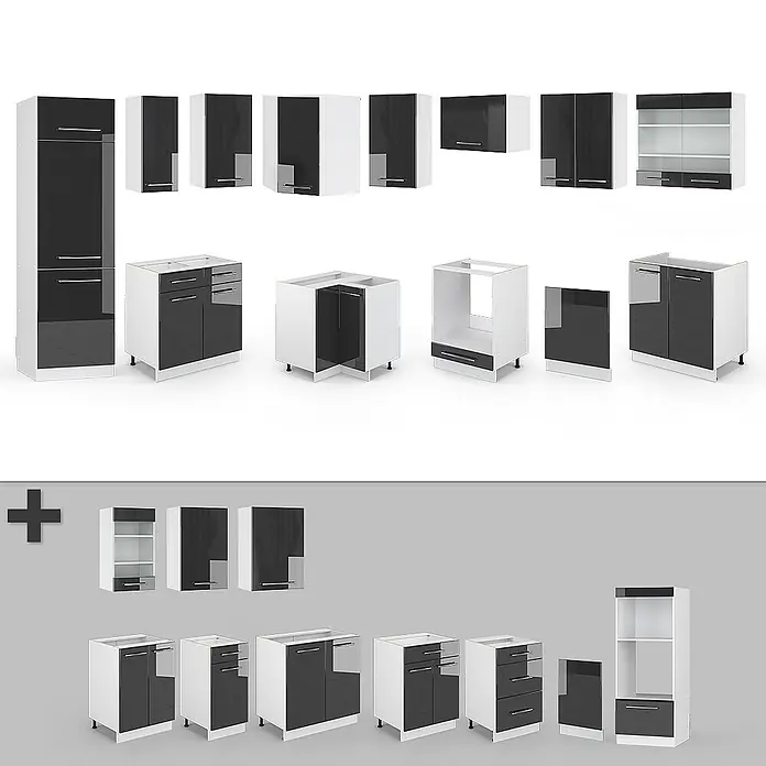 Vicco Eckküche Fame-Line Anthrazit Hochglanz ohne Arbeitsplatte - B x T: 287 x 46 cm, Anthrazit Hochglanz, Ohne Elektrogeräte - Modulares Küchenschrank-Set mit weißen Rahmen und glänzenden dunkelgrauen Türen/Schubladen, inkl. Unter-, Ober- und Hochschränken.