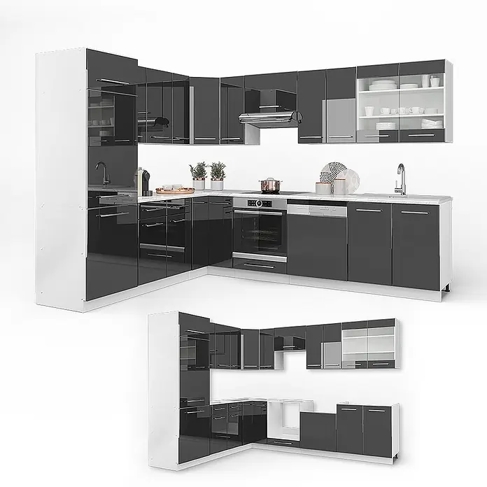 Vicco Eckküche Fame-Line Anthrazit Hochglanz ohne Arbeitsplatte - B x T: 287 x 46 cm, Anthrazit Hochglanz, Ohne Elektrogeräte - L-förmige Küchenzeile mit hochglänzenden dunkelgrauen Schränken, weißen Akzenten, integrierten Geräten und Vitrinen.