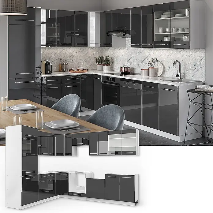 Vicco Eckküche Fame-Line Anthrazit Hochglanz ohne Arbeitsplatte - B x T: 287 x 46 cm, Anthrazit Hochglanz, Ohne Elektrogeräte - Moderne L-förmige Küche mit glänzenden anthrazitfarbenen Schränken und weißen Arbeitsplatten, modular aufgebaut.