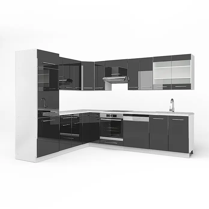 Vicco Eckküche Fame-Line Anthrazit Hochglanz ohne Arbeitsplatte - B x T: 287 x 46 cm, Anthrazit Hochglanz, Ohne Elektrogeräte - L-förmige Küchenzeile mit hochglanz dunkelgrauen Schränken, weißen Arbeitsplatten und integrierten Geräten.