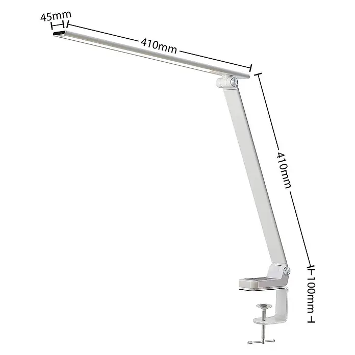 Prios Tischleuchte Tamarin - L x B x H: 40,6 x 9,5 x 40 cm, weiß / opal, weiß / opal - Weiße Klemm-Schreibtischlampe mit Gelenkarm. Maße: 410mm Lichtleiste, 410mm Arm, 100mm Klemme.