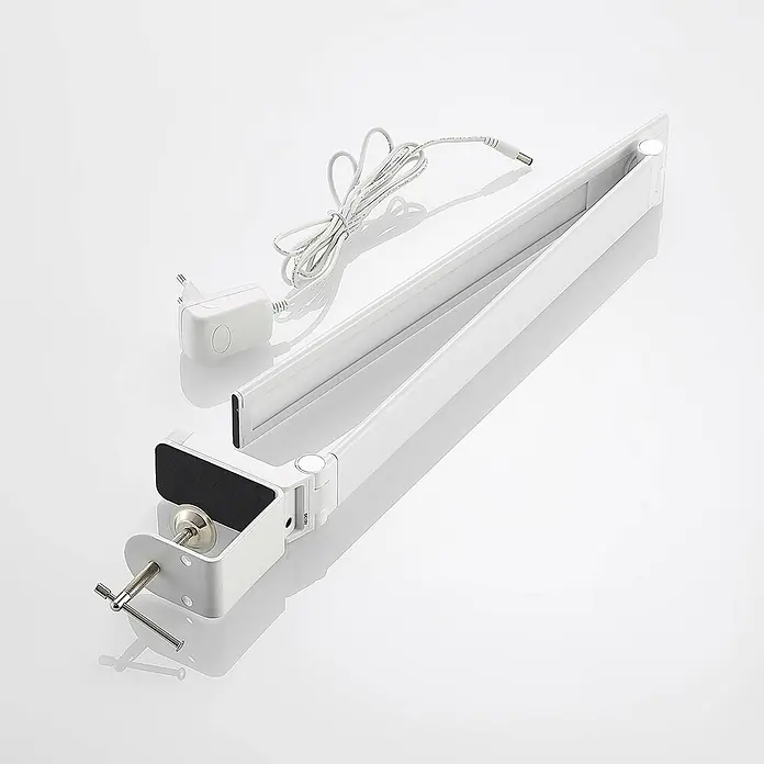 Prios Tischleuchte Tamarin - L x B x H: 40,6 x 9,5 x 40 cm, weiß / opal, weiß / opal - Weiße LED Schreibtischlampe mit verstellbarem Arm, Klemmfuß und Netzteil.