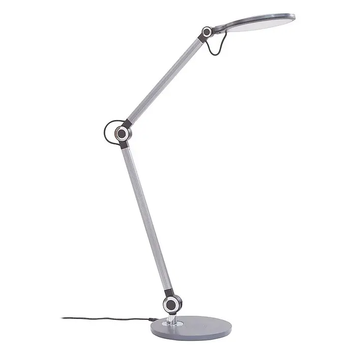 Lindby Tischleuchte Nyxaris - alu / grau / zink, alu / grau / zink - Verstellbare silberne Schreibtischlampe mit flachem Kopf, schwarzen Gelenkakzenten und rundem grauen Sockel.