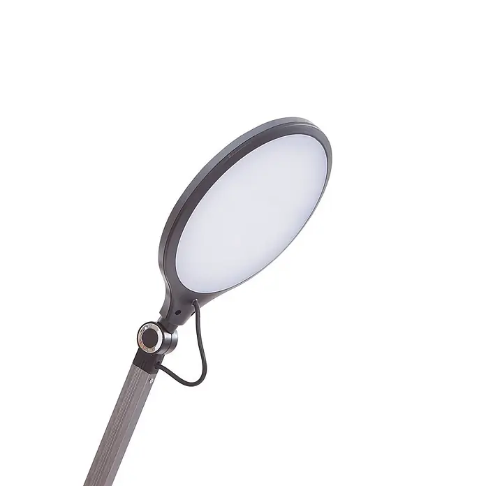 Lindby Tischleuchte Nyxaris - alu / grau / zink, alu / grau / zink - Dunkelgraue LED-Leuchte mit ovalem, leuchtendem Kopf und hellgrauem, verstellbarem Arm.