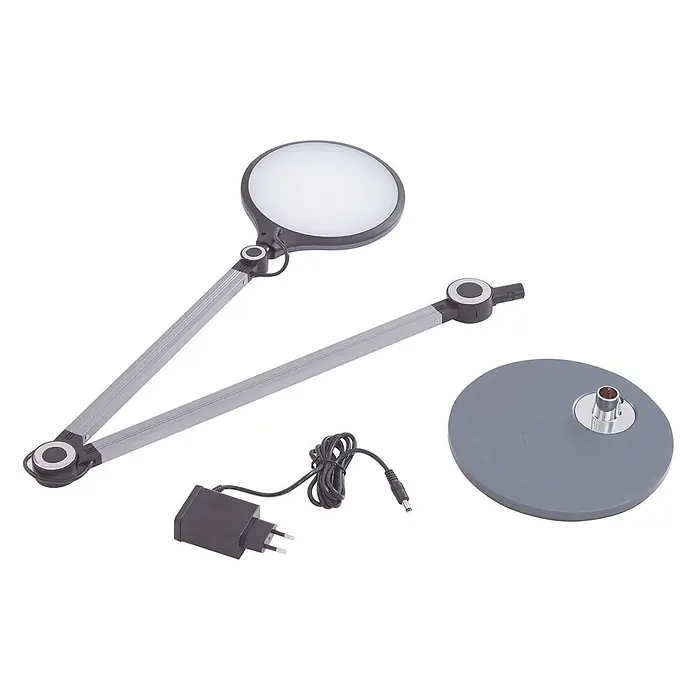 Lindby Tischleuchte Nyxaris - alu / grau / zink, alu / grau / zink - Gelenk-Schreibtischlampe mit Lupe und LED-Licht, in Grau und Schwarz, mit rundem Fuß und Netzteil.