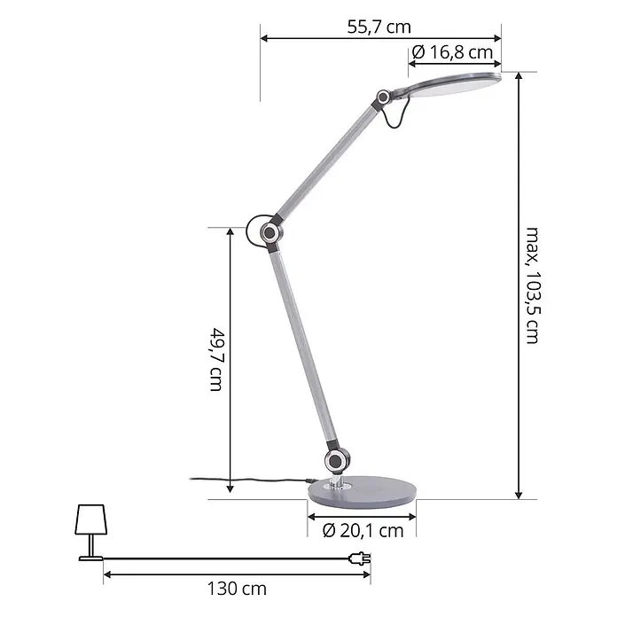 Lindby Tischleuchte Nyxaris - alu / grau / zink, alu / grau / zink - Silberne, verstellbare Schreibtischlampe mit rundem Fuß und Gelenkarm, Maße inkl. max. Höhe von 103,5 cm und 130 cm Kabel angezeigt.