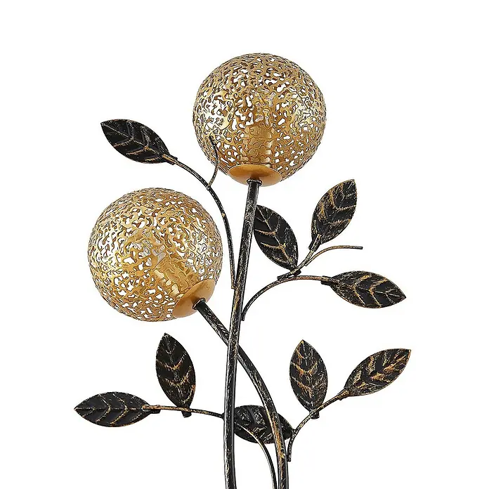 Lucande Tischleuchte Evory - schwarz, messing / gold, G9 - Dekorative Lampe mit zwei goldenen Kugel-Filigran-Schirmen und dunklen Metallblättern am Stiel.