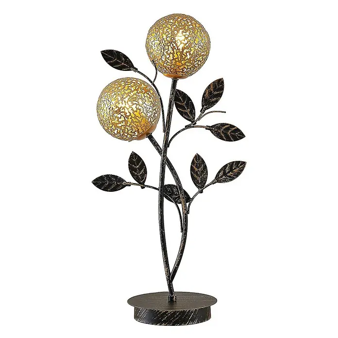 Lucande Tischleuchte Evory - schwarz, messing / gold, G9 - Dekorative Tischlampe aus dunkelbronzefarbenem Metall mit zwei goldenen Kugelschirmen und Blättern.