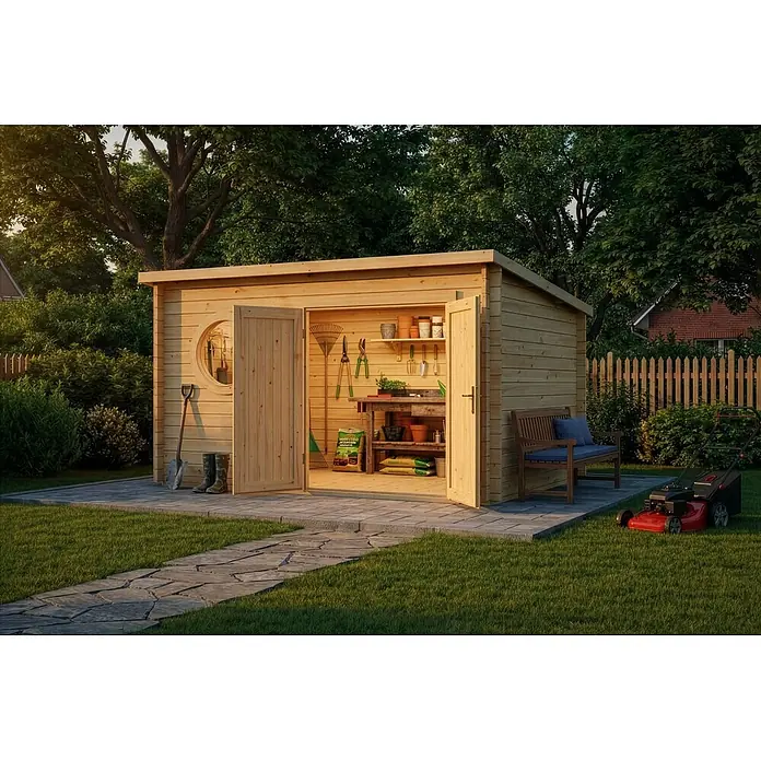 Alpholz Gartenhaus Maria Rondo 44 B - Außenmaß inkl. Dachüberstand (B x T): 400 x 320 cm, Holz, Naturbelassen - Helles Holzgartenhaus mit offenen Türen, das Gartengeräte und eine Pflanzbank in einem sonnigen Garten mit Weg zeigt.