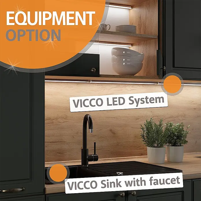 Vicco Küchenzeile R-Line Artisan Eiche/Anthrazit, AP Anthrazit - Breite: 300 cm, Artisan-Eiche, Ohne Elektrogeräte - VICCO LED Unterschrankbeleuchtung und eine schwarze VICCO Spüle mit Armatur in einer modernen Küche.
